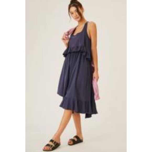 ANTHROPOLOGIE Daily Practice Blue Patricia Asymmetrical Ruffle Midi Dress XS - Picture 1 of 9